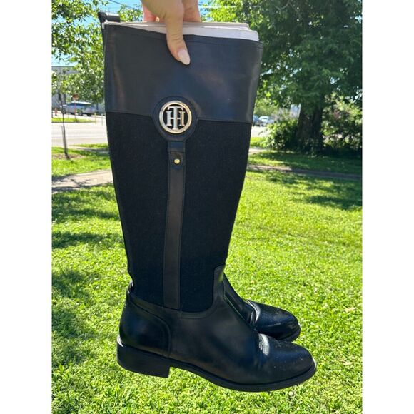 Tommy Hilfiger Riding Style Boots Black Faux Leather and Wool Size 8 - Picture 1 of 6